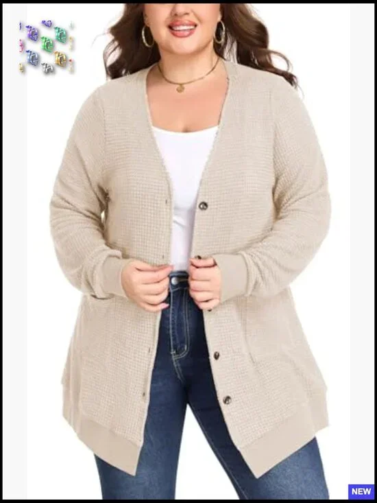 Oversized Waffle Knit Cardigan Long Sleeve Button Front Pockets Casual Chic - Picture 3 of 7